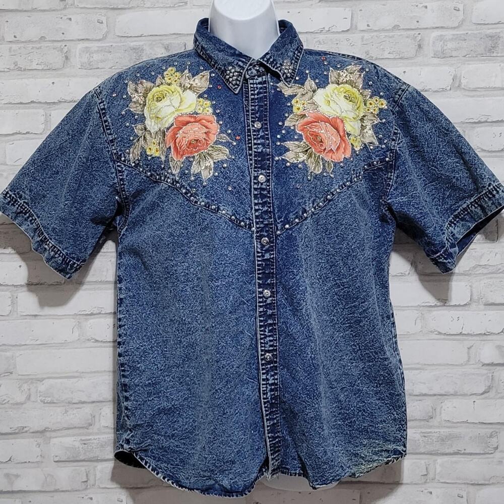 Vtg Pretty Bleu Embellished Bedazzled Denim Jean Shirt Womens Small
